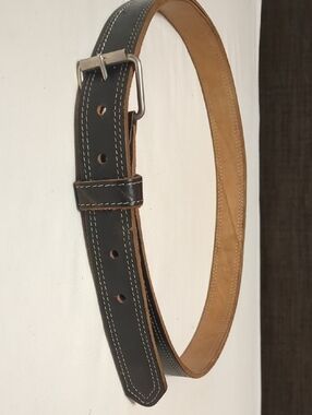 Mens Black Lether 36-42 White Contrast Stitched  Elegant Metal Buckle Belt
